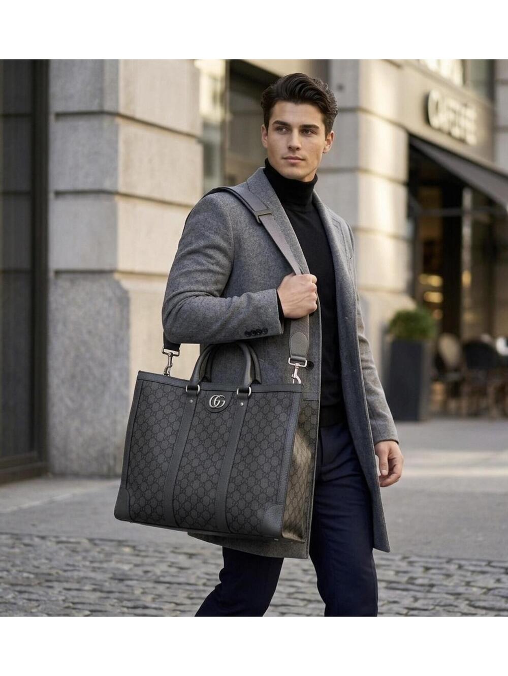 Gucci GG Supreme Monogram Tote Bag With Web Strap Gray Black - Picture 3 of 14